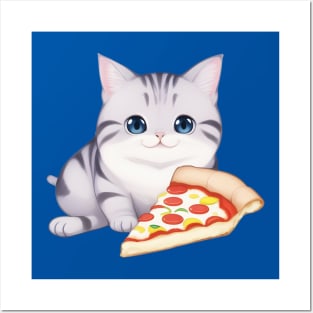 Cute Cat Holding a Pizza Posters and Art